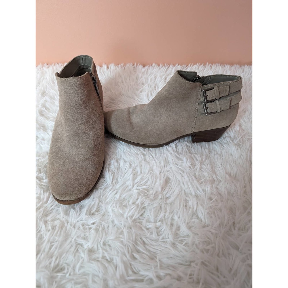 Sam Edelman Petal Ankle Boots Women's US8 EU38 Gray Suede 2" Block Heel Buckle